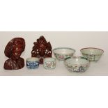 Five pieces of Chinese pottery, to include three famille verte bowls and two tea bowls,
