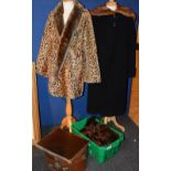 A vintage leopard print faux fur jacket, 96cm long, also with vintage fur cape, stoles,