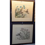 A pair of Chinese watercolours of 'Birds in Foliage', character marks to bottom left, 34 x 40cm,