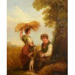 English School (Mid 19th Century) 'Couple with Dog Collecting Corn' Oil on board, unsigned,