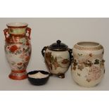 Four pieces of Japanese pottery, comprising of Satsuma vase, small Satsuma bowl, Satsuma koro,