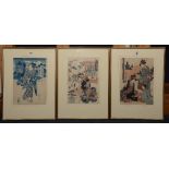 Three Japanese colour woodblock prints, each one depicting Geishas, character marks to all three,