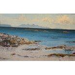 Jim Nicholson (1924-1996) 'Rhum from Arisaig' Oil on board, signed and dated 1966 lower right,