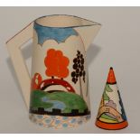 A Wedgwood Clarice Cliff design 'Bizarre' pattern water jug, handpainted in rich colours,