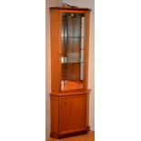 A teak corner cabinet, with glazed door enclosing glass shelves above panelled door,