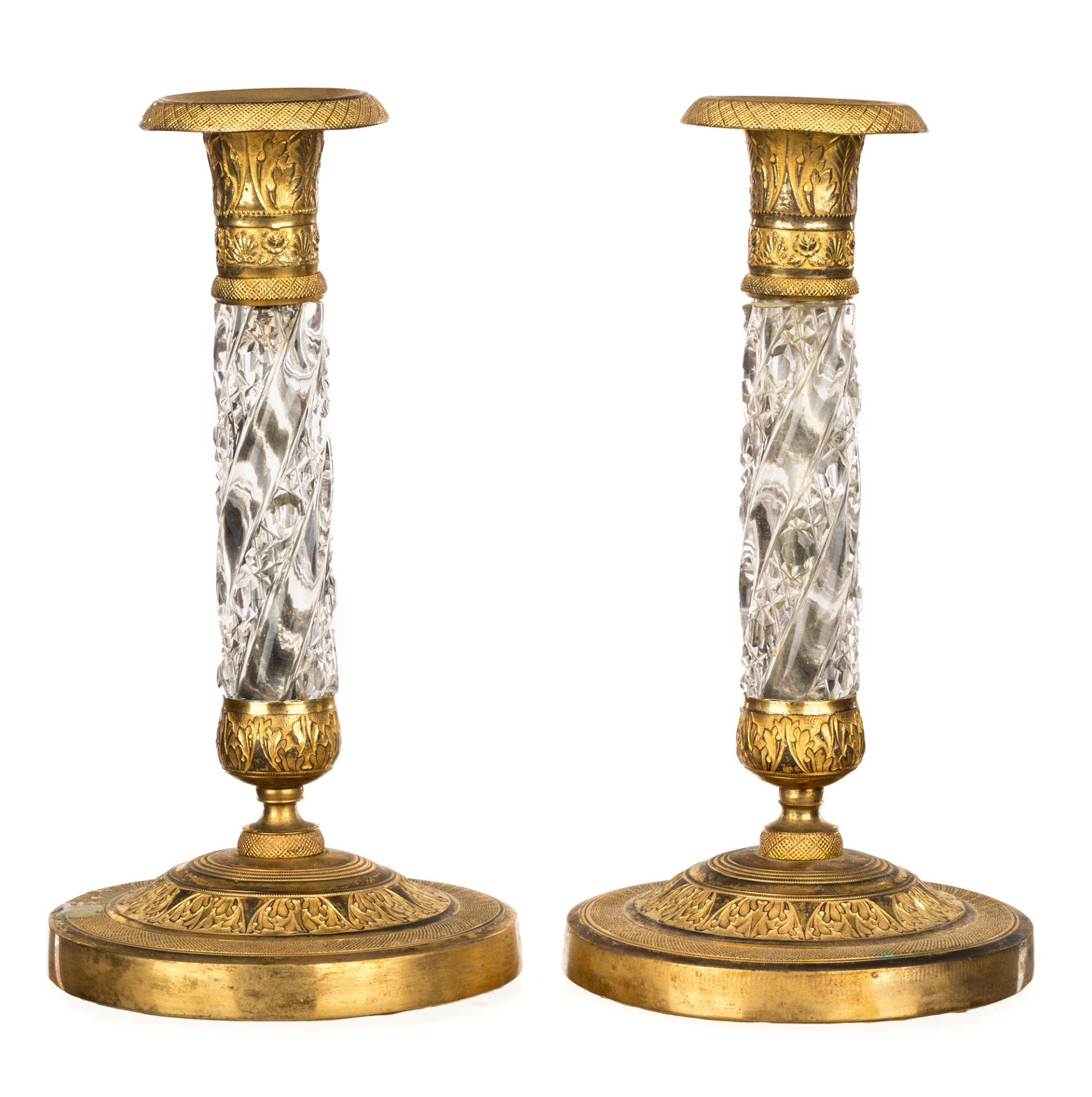 A PAIR OF CUT GLASS AND ORMOLU CANDLESTICKS, RUSSIA, 19TH CENTURY