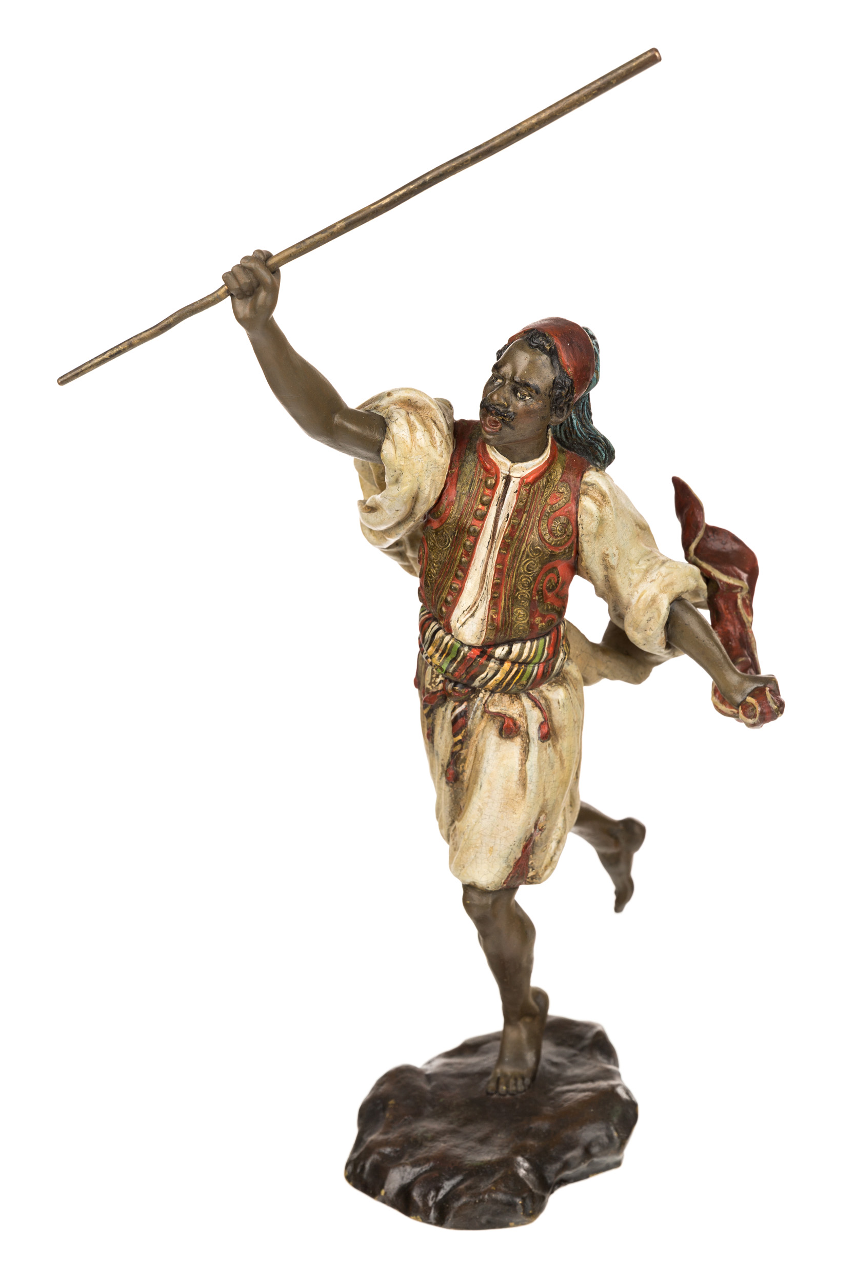 A COLD-PATINATED BRONZE FIGURE OF A RUNNING MOORISH SOLDIER, FRANZ BERGMANN, VIENNA, CIRCA 1900