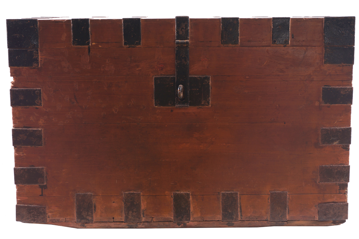 Large nineteenth-century metal bound trunk the rectangular lift-up lid opening to a spacious - Image 2 of 5