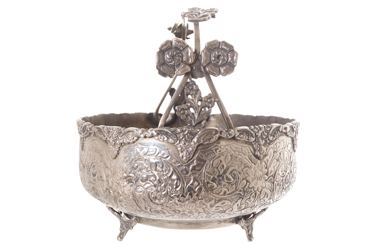 Nineteenth-century Sheffield oval basket with chased and repousse decoration, suspended on a - Image 2 of 6