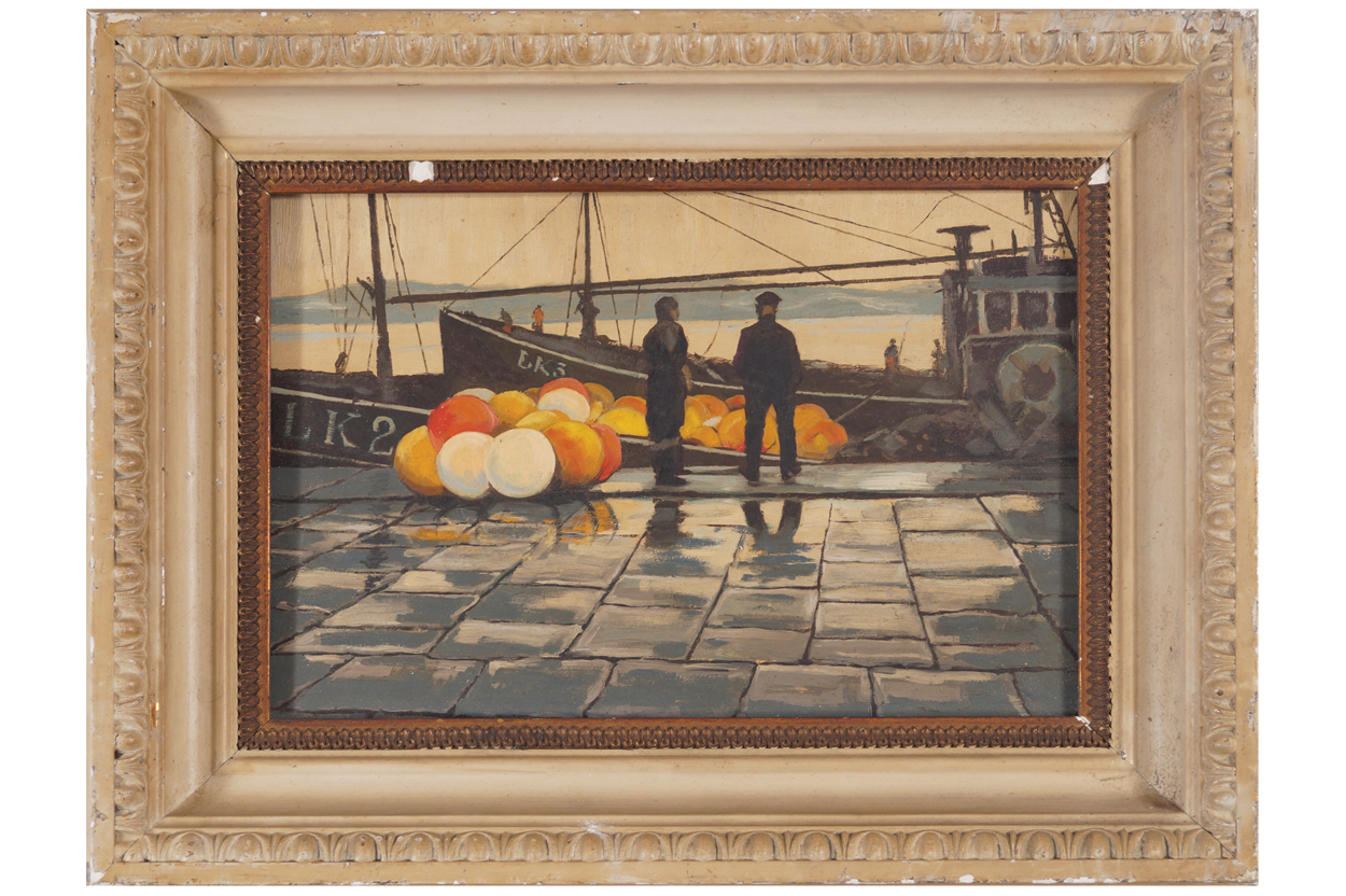 Irish School Figures on a pier Oil on board, enclosed in a moulded frame  22 x33 cm.Worldwide - Image 2 of 4