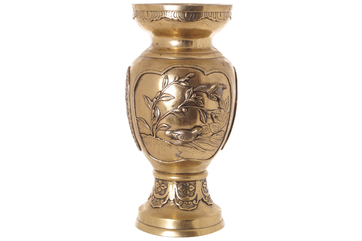 Nineteenth-century Chinese brass vase of baluster form, with raised ornithological decoration  36