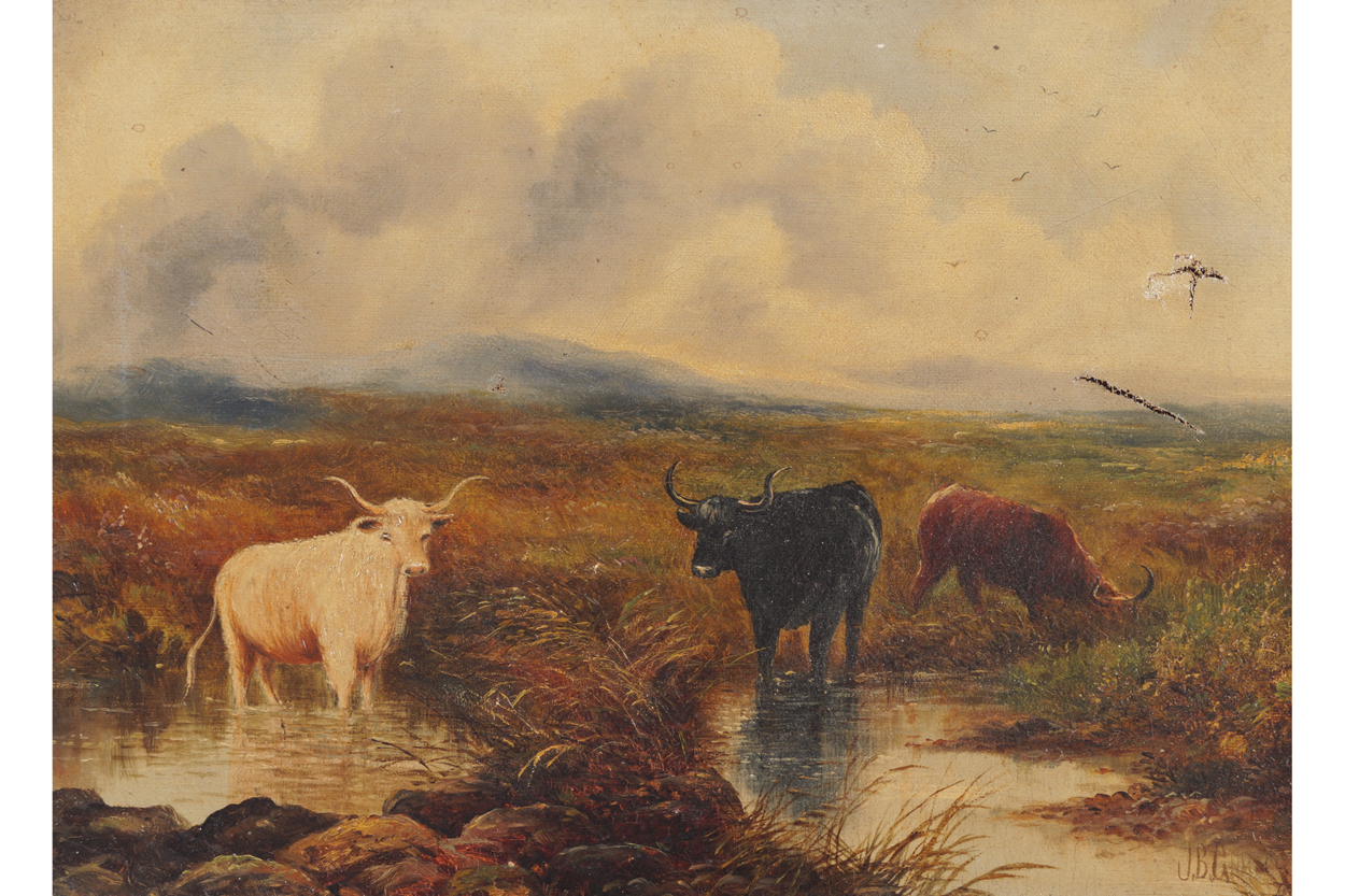 J. B. Qummery Cattle in a landscape Signed oil on canvas dated 1909  24 x 35 cm.Worldwide shipping