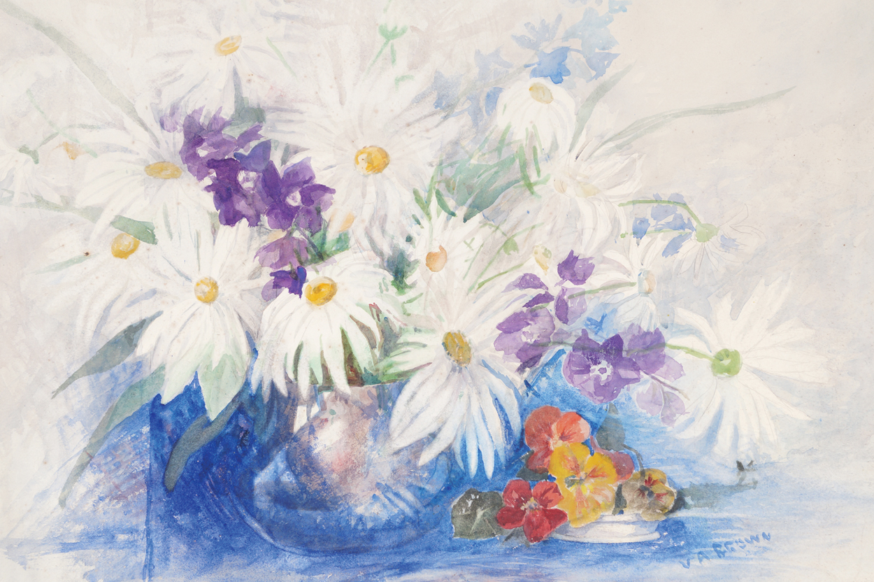 V. A. Brown Still life of flowers in a bowl Signed watercolour  44 x 66 cm. Worldwide shipping
