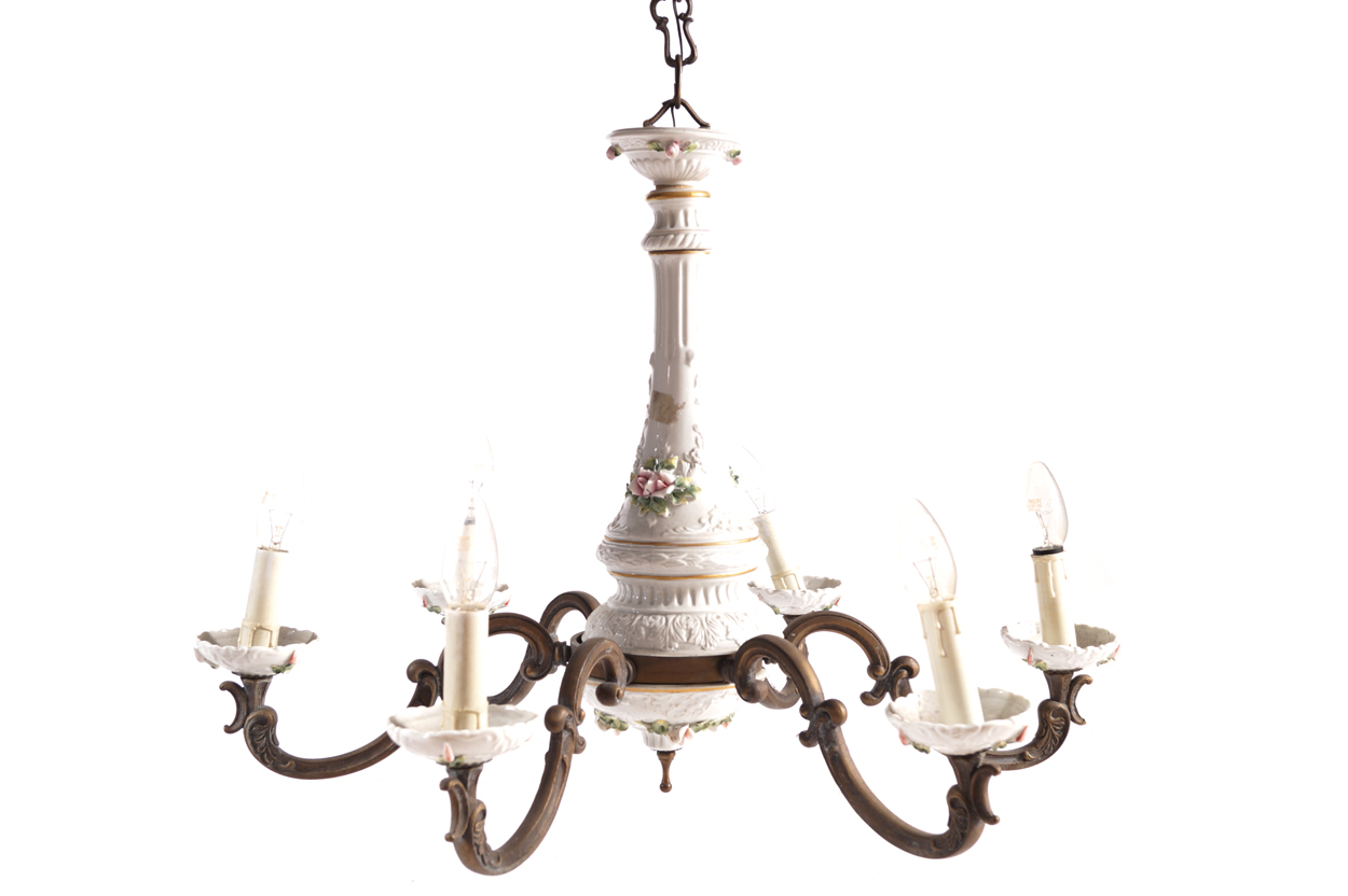 Edwardian brass and porcelain six-branch chandelier  50 cm. high; 72 cm. diameterWorldwide