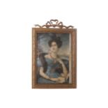 Nineteenth-century portrait miniature on silk enclosed in a brass frame  19 cm. high; 12 cm.