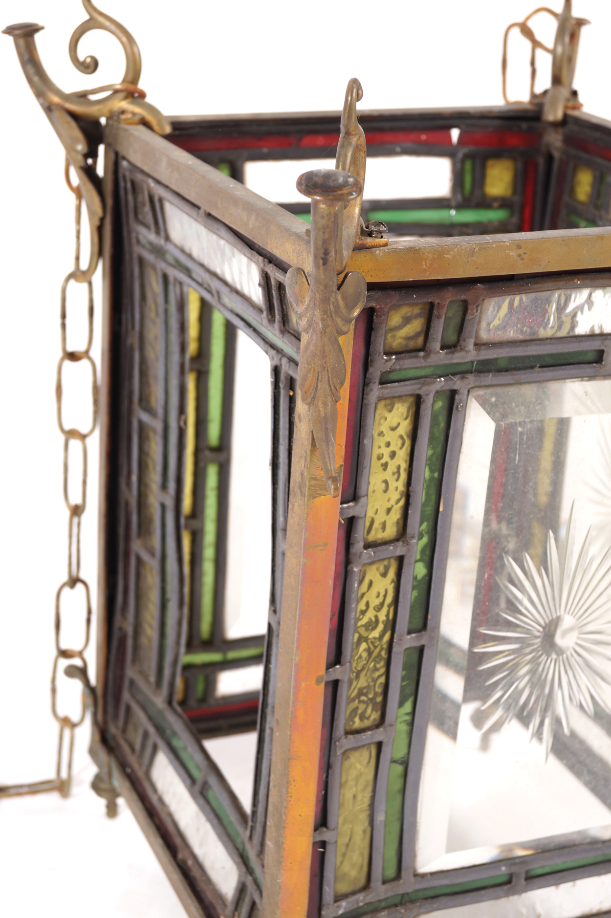 Nineteenth-century brass and leaded glass hall lantern of square form, suspended on chains  40 cm. - Image 2 of 4