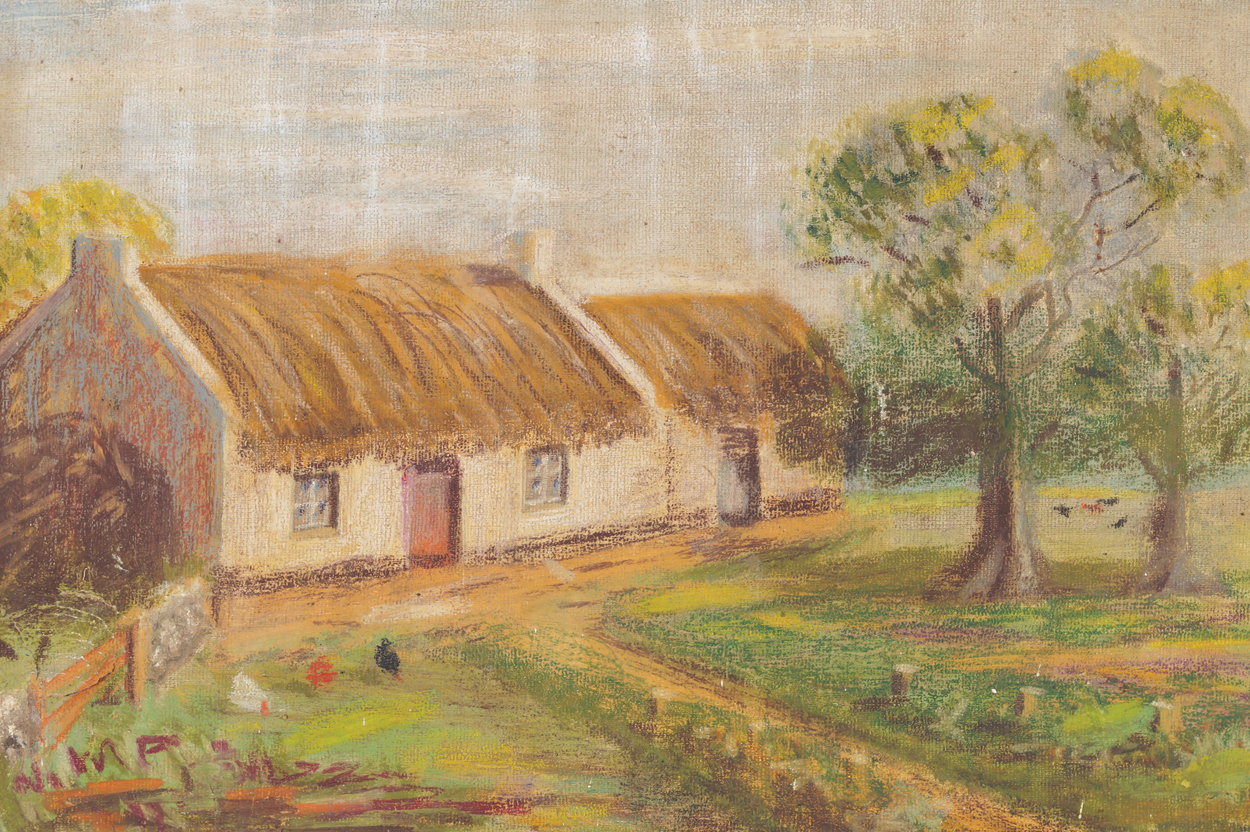 Irish School Cottage in a landscape Oil on board  28 x 39 cm.Worldwide shipping available. All