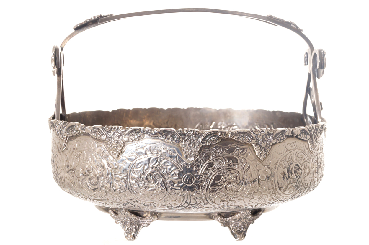 Nineteenth-century Sheffield oval basket with chased and repousse decoration, suspended on a - Image 3 of 6