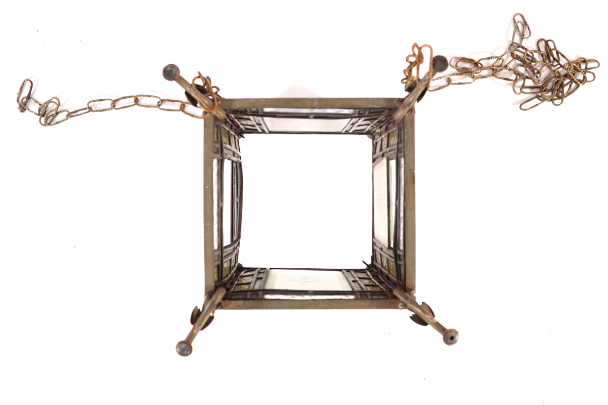 Nineteenth-century brass and leaded glass hall lantern of square form, suspended on chains  40 cm. - Image 4 of 4