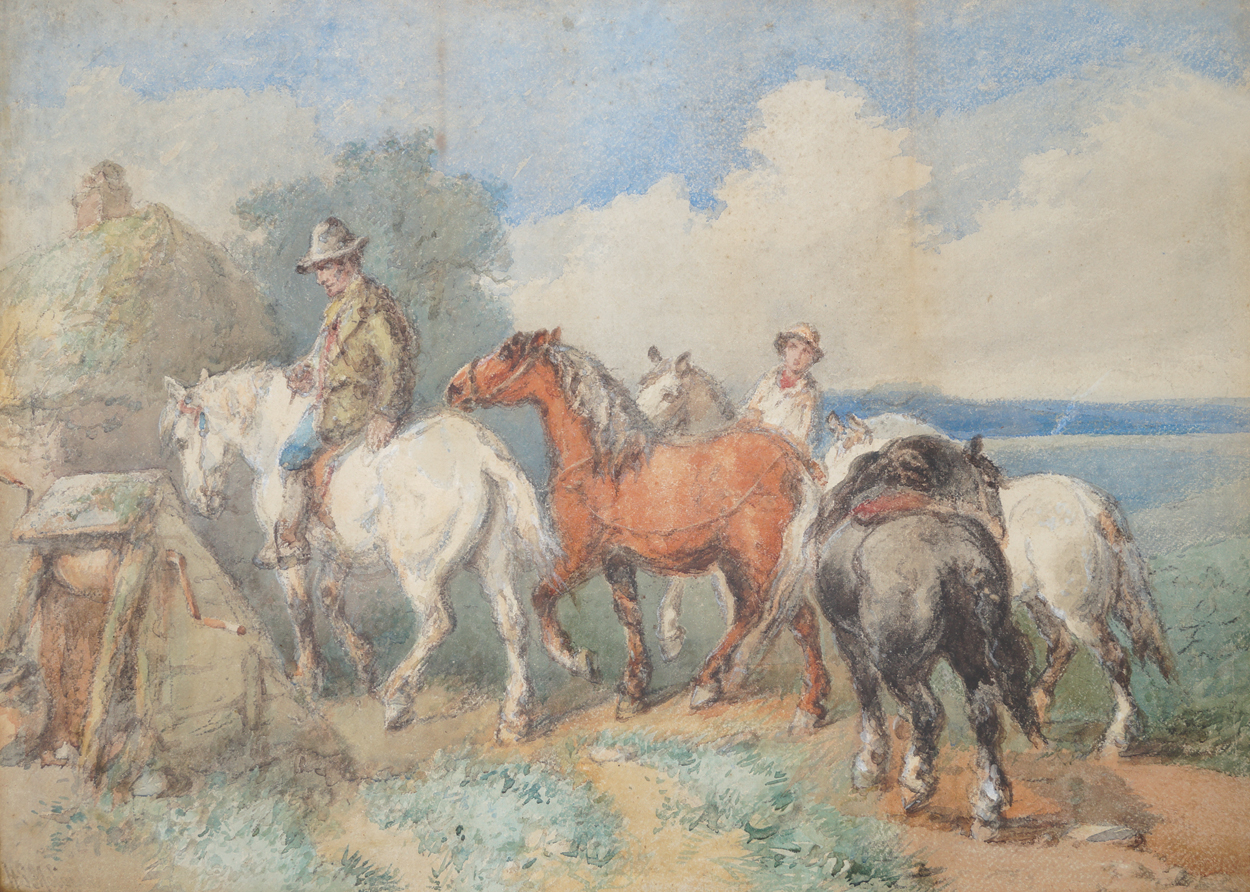 Harlan Sydney Melville, 1841-1881 Figures on horseback near a homestead Signed watercolour  40 x