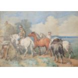 Harlan Sydney Melville, 1841-1881 Figures on horseback near a homestead Signed watercolour  40 x