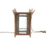 Nineteenth-century brass and leaded glass hall lantern of square form, suspended on chains  40 cm.