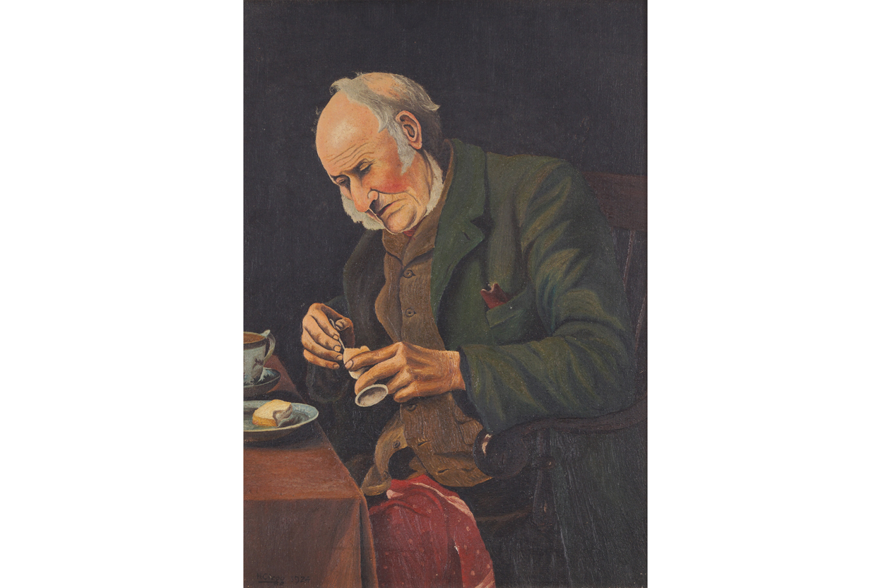 H. Clegg English School Portrait of a gentleman eating an egg, Signed oil on canvas, dated 1924,