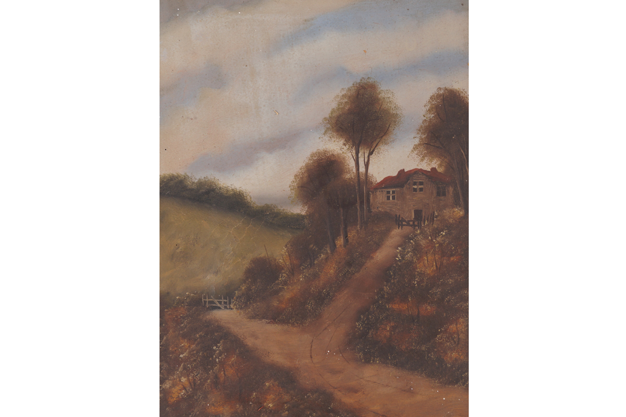 English School, nineteenth-century Red roofed dwelling in a landscape Enclosed in a gilt frame  50 x