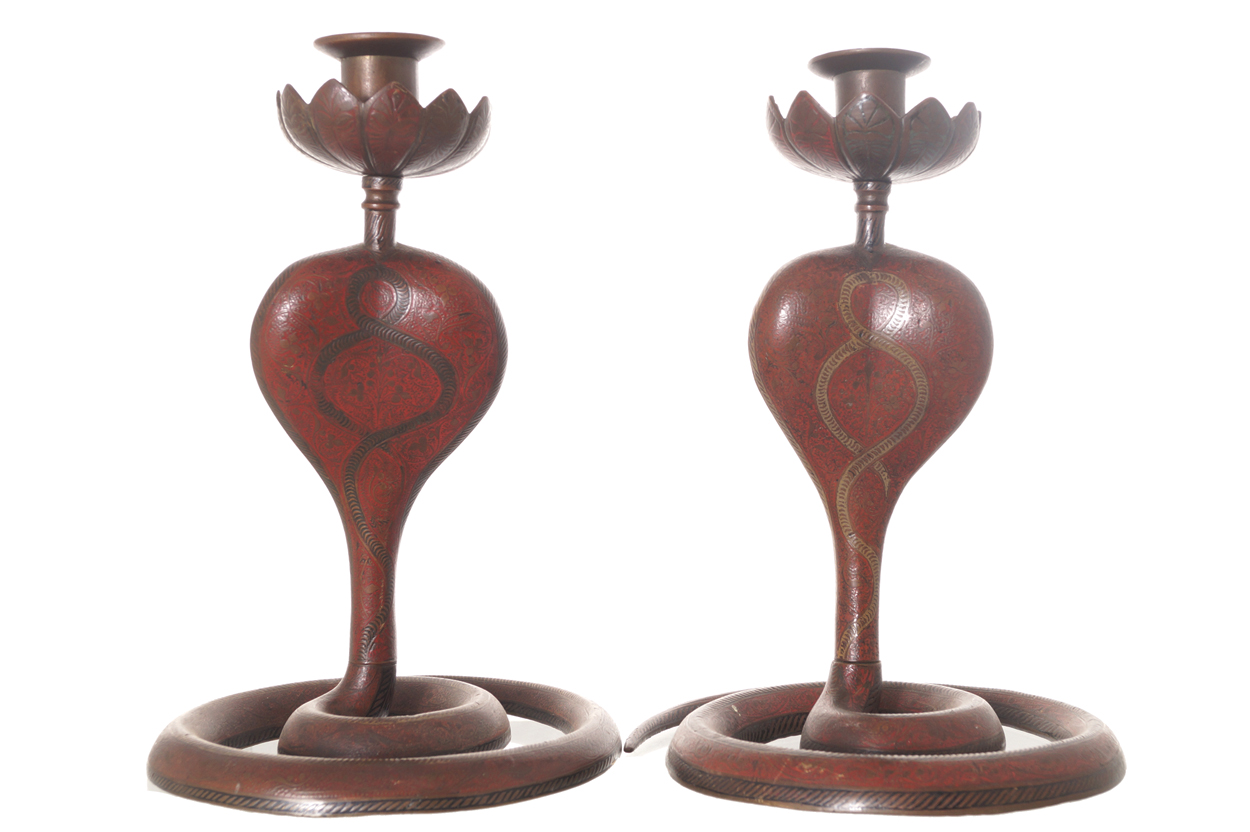 Pair of nineteenth-century Benares brass and enamelled cobra stemmed candle stick holders  24 cm. - Image 6 of 7