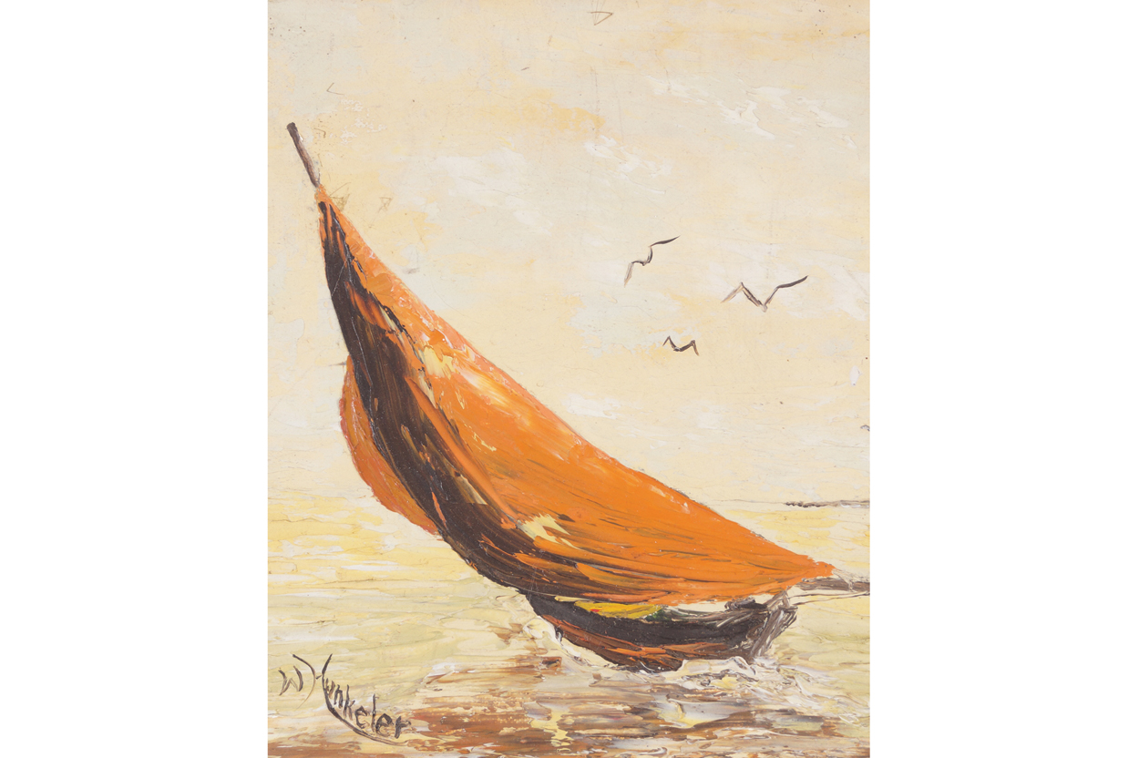 W. Hunkeler Sailing boat Signed oil on canvas Enclosed in a gilt frame  88 x 23 cm.Worldwide