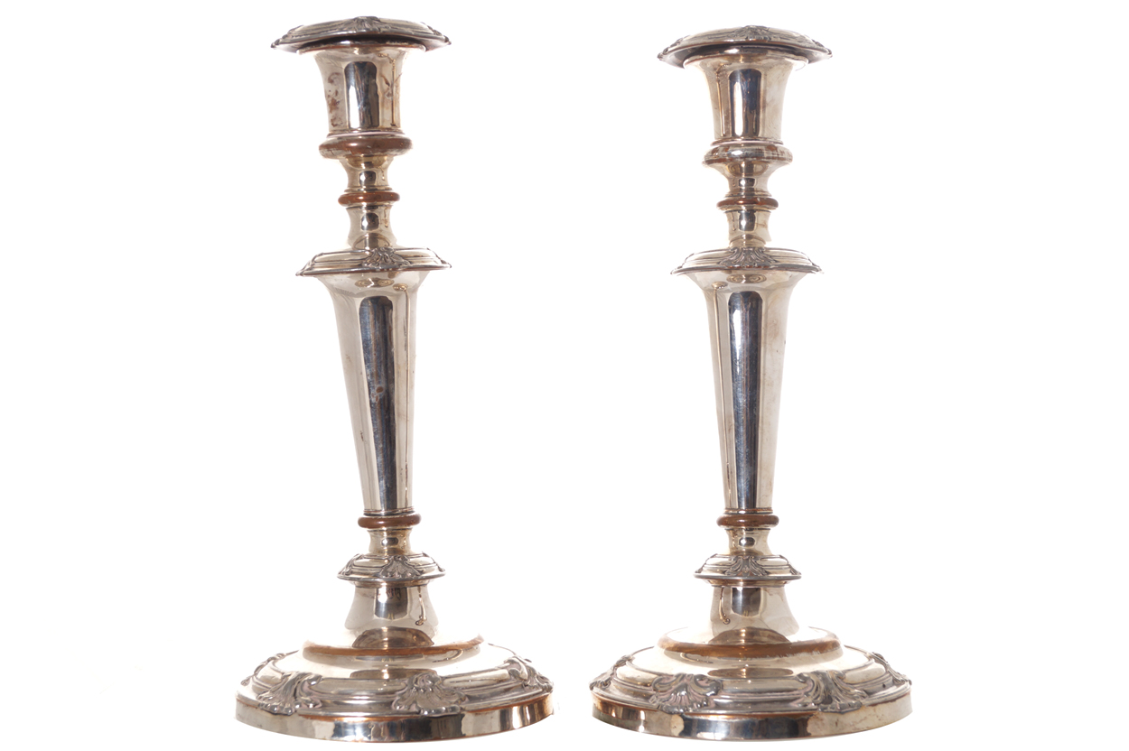 Pair heavy antique Sheffield plated candlestick  28 cm. high; 14 cm. diameterWorldwide shipping