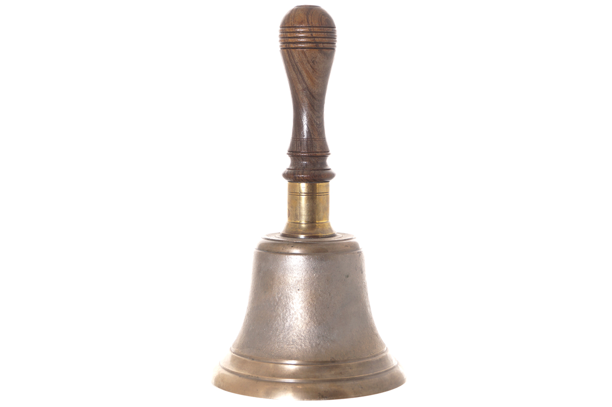 Large bronze bell with turned wooden handle  27 cm. highWorldwide shipping available. All queries