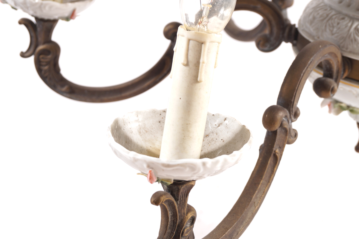 Edwardian brass and porcelain six-branch chandelier  50 cm. high; 72 cm. diameterWorldwide - Image 2 of 6