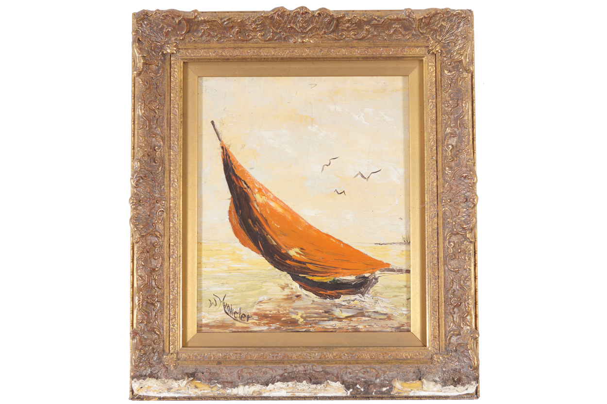W. Hunkeler Sailing boat Signed oil on canvas Enclosed in a gilt frame  88 x 23 cm.Worldwide - Image 2 of 5