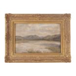 English School, nineteenth-century River and mountain landscape Oil on canvas Enclosed in a swept