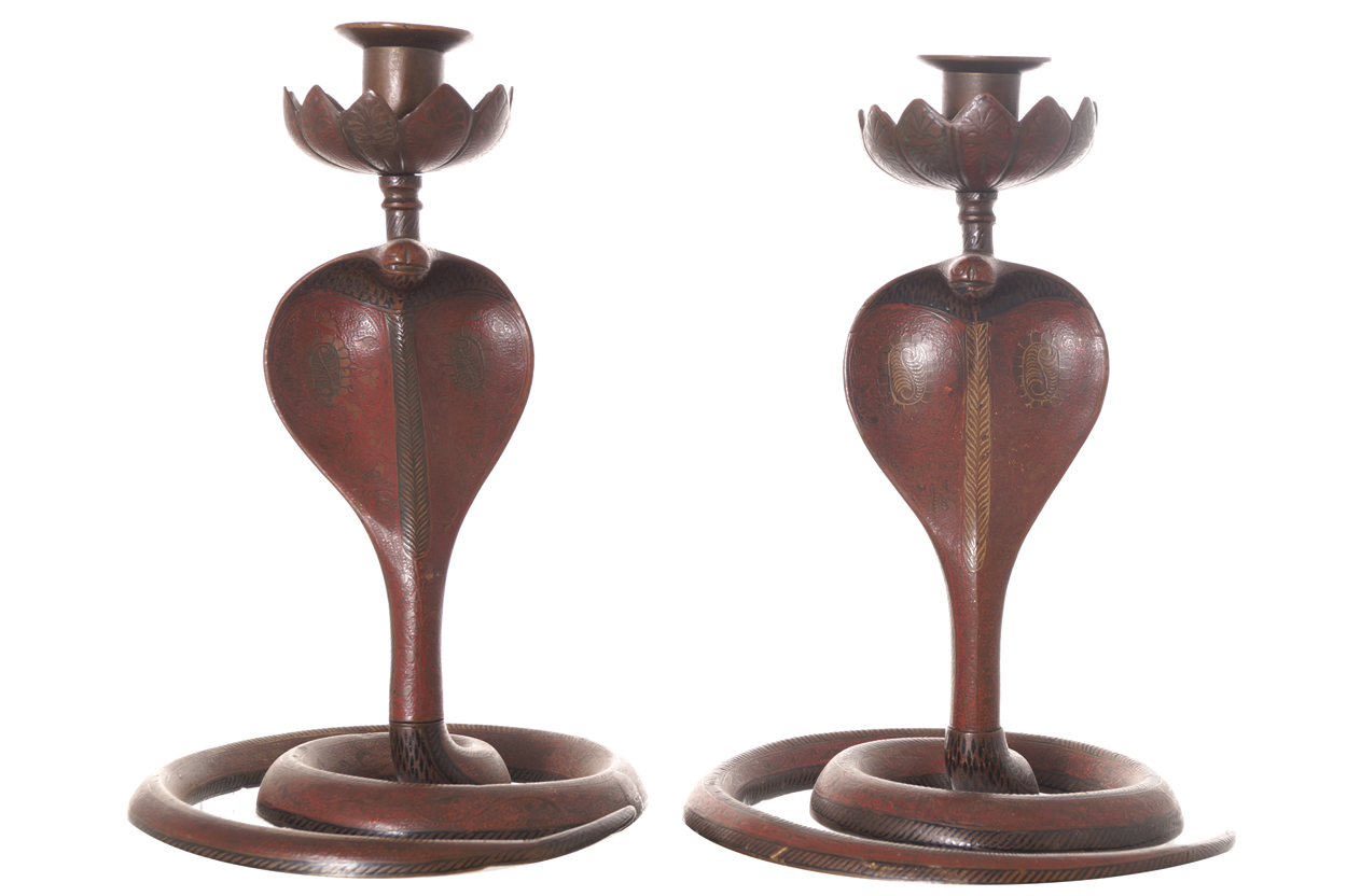 Pair of nineteenth-century Benares brass and enamelled cobra stemmed candle stick holders  24 cm.