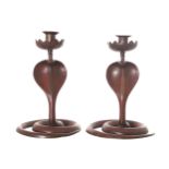 Pair of nineteenth-century Benares brass and enamelled cobra stemmed candle stick holders  24 cm.