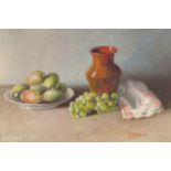 P. Redondo Still life of fruit, vase and cloth Signed oil on board  16 x 22 cm.Worldwide shipping