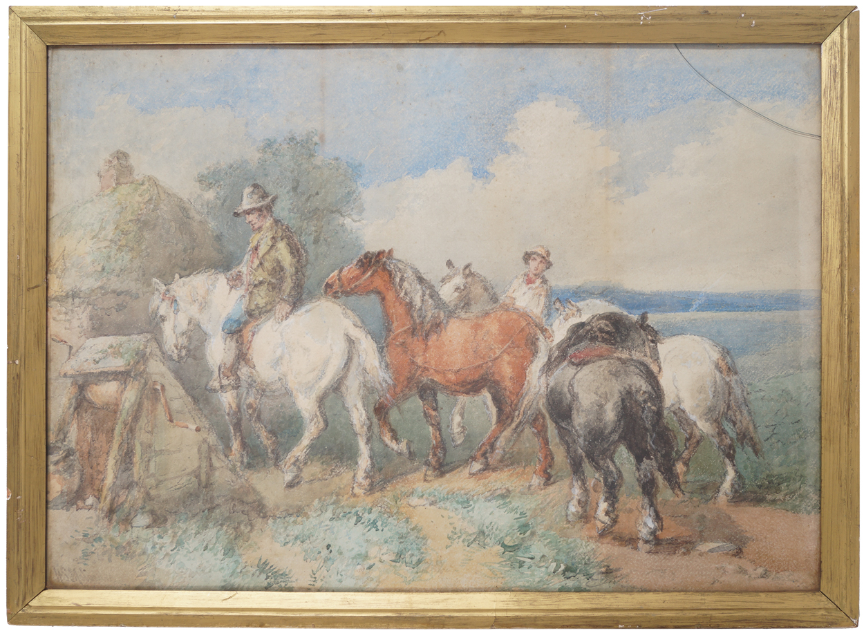Harlan Sydney Melville, 1841-1881 Figures on horseback near a homestead Signed watercolour  40 x - Image 2 of 5