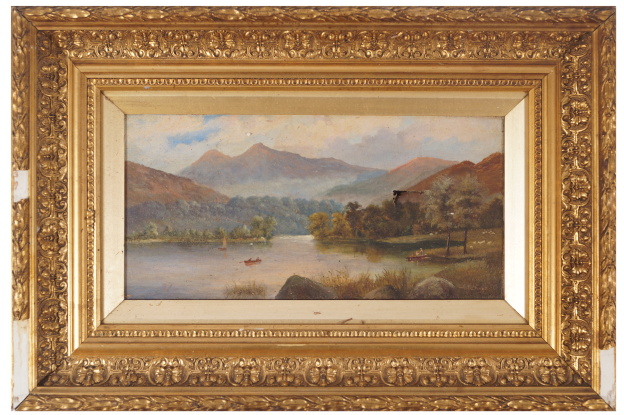 A. Rowlings River landscape Signed oil on canvas Enclosed in a gilt frame  19 x 39 cm.Worldwide