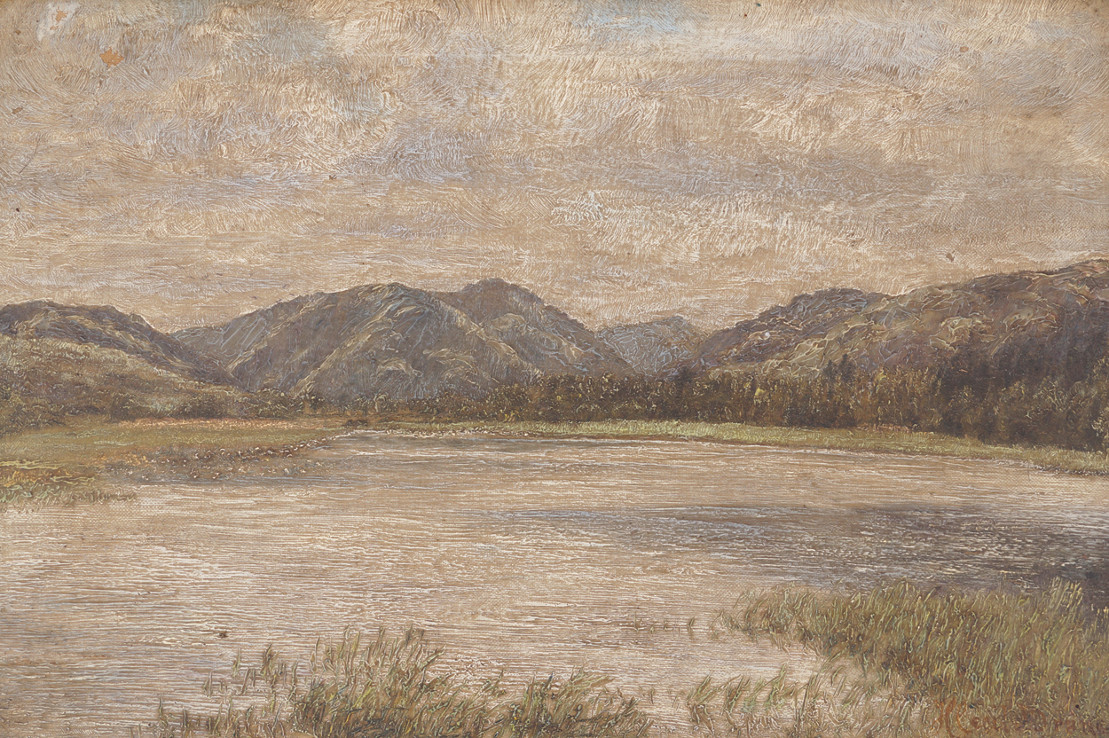 English School, nineteenth-century River and mountain landscape Oil on canvas Enclosed in a swept - Image 2 of 6