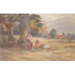 Frederick James Knowles Figures playing a pipe in a pastoral landscape Signed watercolour  34 x 51