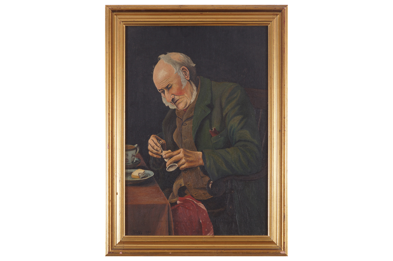 H. Clegg English School Portrait of a gentleman eating an egg, Signed oil on canvas, dated 1924, - Image 2 of 5