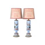 Pair of painted vase shaped glass stemmed table lamps and shades  Each 63 cm. high (with shade)