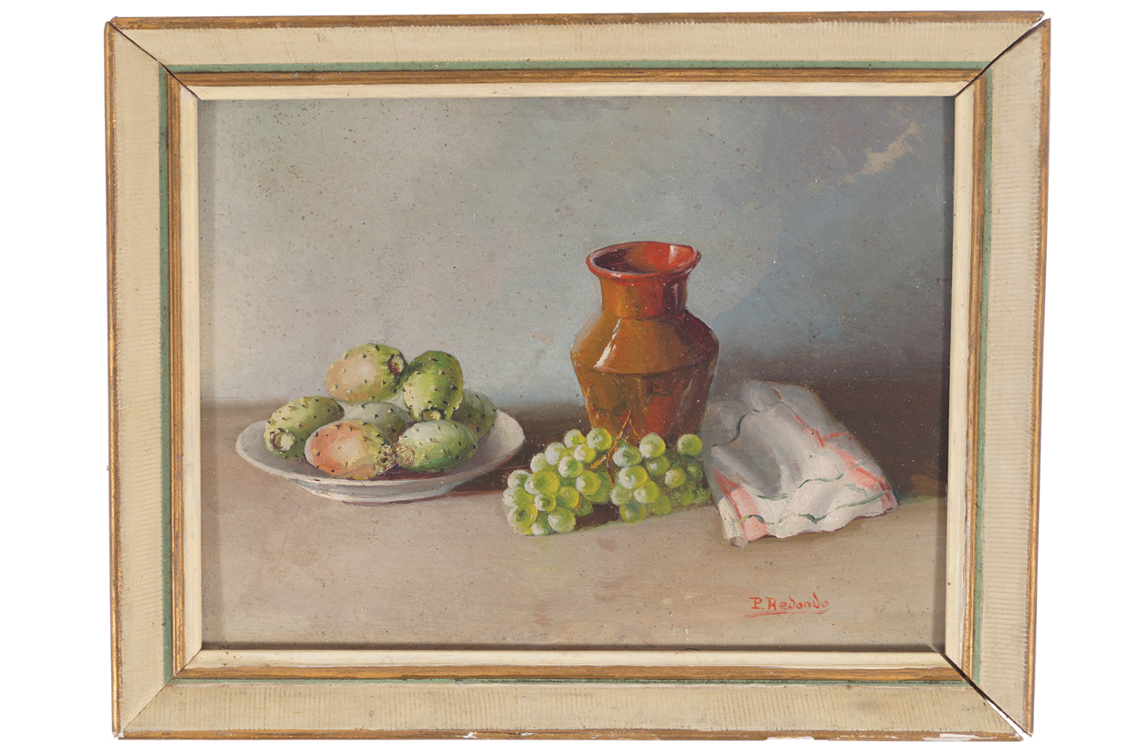P. Redondo Still life of fruit, vase and cloth Signed oil on board  16 x 22 cm.Worldwide shipping - Image 2 of 4
