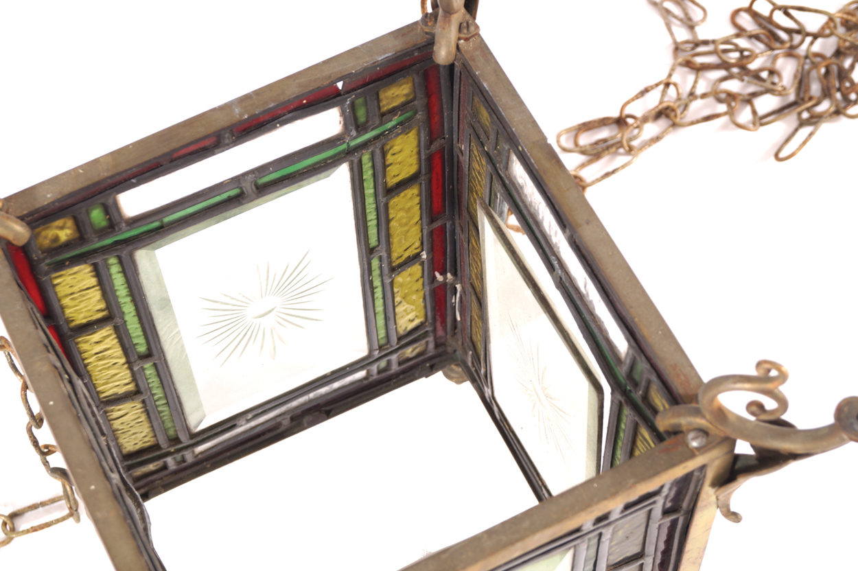 Nineteenth-century brass and leaded glass hall lantern of square form, suspended on chains  40 cm. - Image 3 of 4