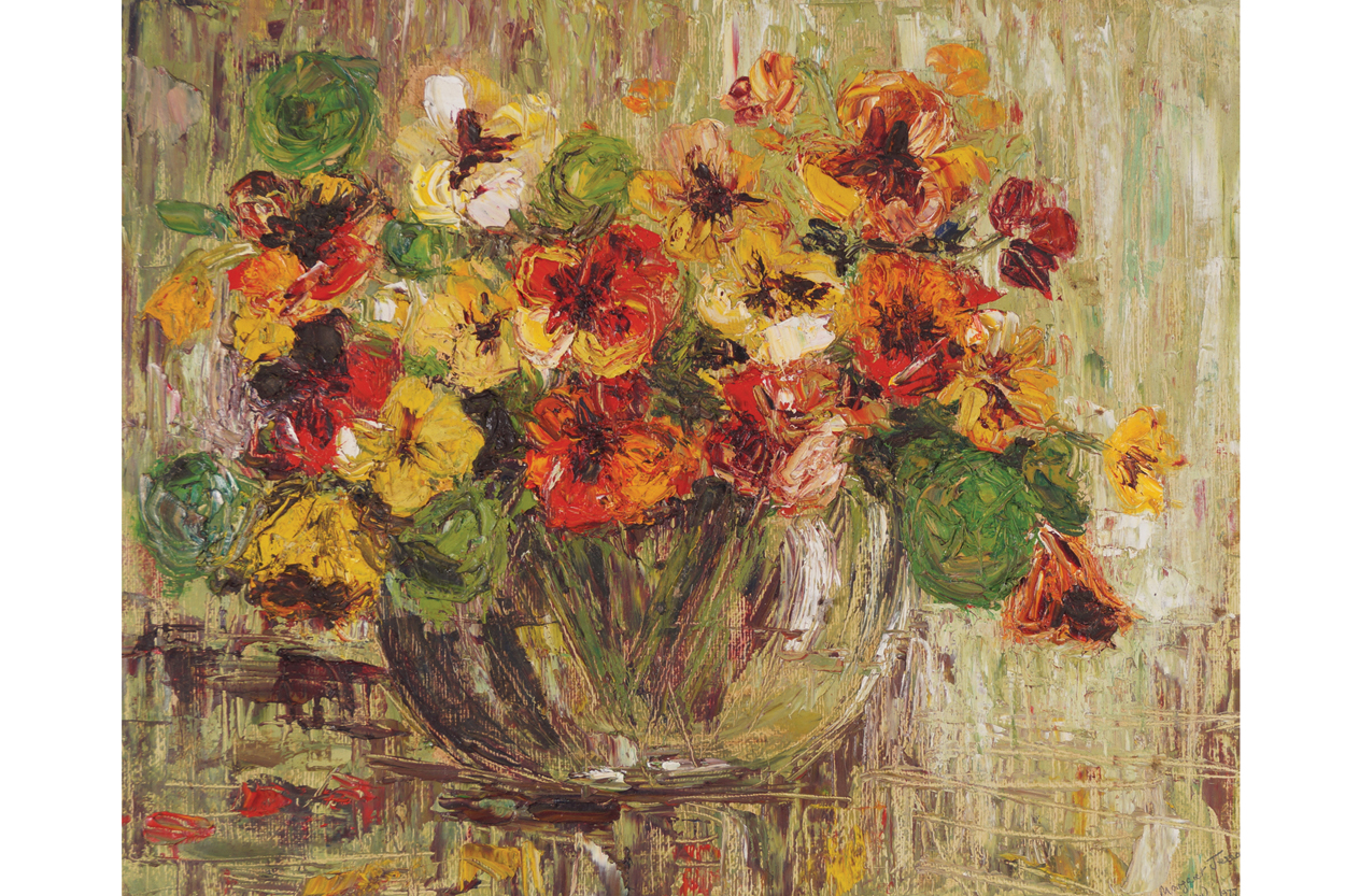 Margaret Gerrard Still life of flowers in a bowl Oil on canvas laid on board  38 x 49 cm.Worldwide