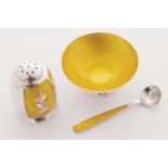 Three piece sterling silver and yellow guilloche enamel cruet set