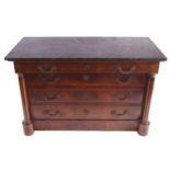 NINETEENTH-CENTURY BRASS MOUNTED MAHOGANY AND SATINWOOD INLAID CHEST of four long drawers, furnished