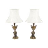 PAIR OF LARGE TWENTEETH-CENTURY URN STEMMED TABLE LAMPS together with shades 103 cm. high (2)